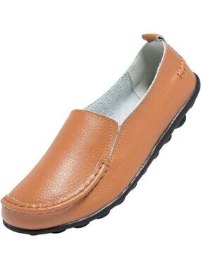 Women’s Brown Leather Slip On Loafers Comfortable Walking Flats Casual